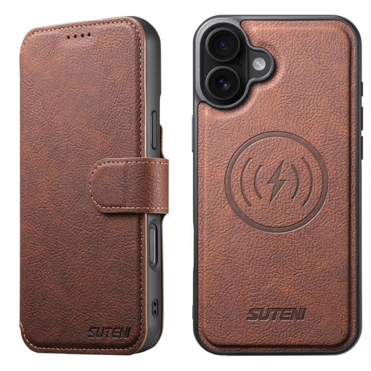 For iPhone 16 Plus Suteni Q05 2-in-1 Multi-function MagSafe Wallet Litchi Leather Phone Case(Brown) - iPhone 16 Plus Cases by Suteni | Online Shopping UK | buy2fix