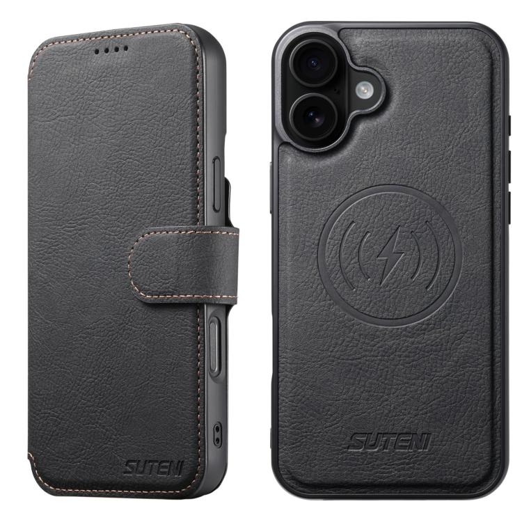 For iPhone 16 Suteni Q05 2-in-1 Multi-function MagSafe Wallet Litchi Leather Phone Case(Black) - iPhone 16 Cases by Suteni | Online Shopping UK | buy2fix