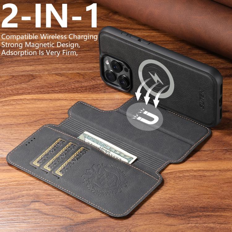 For iPhone 15 Pro Max Suteni Q05 2-in-1 Multi-function MagSafe Wallet Litchi Leather Phone Case(Black) - iPhone 15 Pro Max Cases by Suteni | Online Shopping UK | buy2fix