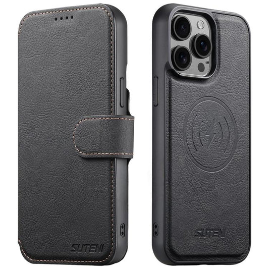 For iPhone 15 Pro Max Suteni Q05 2-in-1 Multi-function MagSafe Wallet Litchi Leather Phone Case(Black) - iPhone 15 Pro Max Cases by Suteni | Online Shopping UK | buy2fix