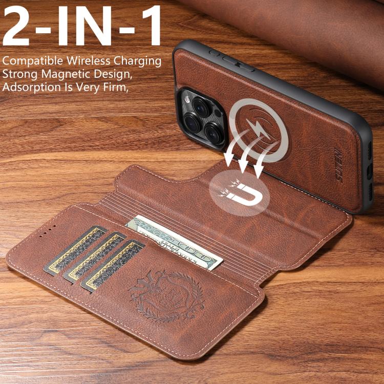 For iPhone 15 Suteni Q05 2-in-1 Multi-function MagSafe Wallet Litchi Leather Phone Case(Brown) - iPhone 15 Cases by Suteni | Online Shopping UK | buy2fix
