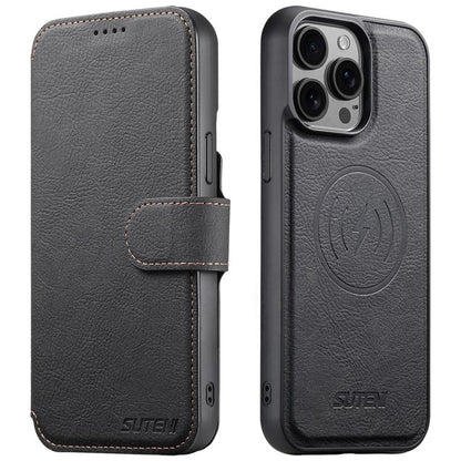 For iPhone 14 Pro Suteni Q05 2-in-1 Multi-function MagSafe Wallet Litchi Leather Phone Case(Black) - iPhone 14 Pro Cases by Suteni | Online Shopping UK | buy2fix