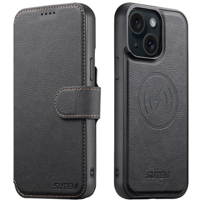 For iPhone 14 Plus Suteni Q05 2-in-1 Multi-function MagSafe Wallet Litchi Leather Phone Case(Black) - iPhone 14 Plus Cases by Suteni | Online Shopping UK | buy2fix