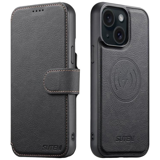 For iPhone 14 Plus Suteni Q05 2-in-1 Multi-function MagSafe Wallet Litchi Leather Phone Case(Black) - iPhone 14 Plus Cases by Suteni | Online Shopping UK | buy2fix