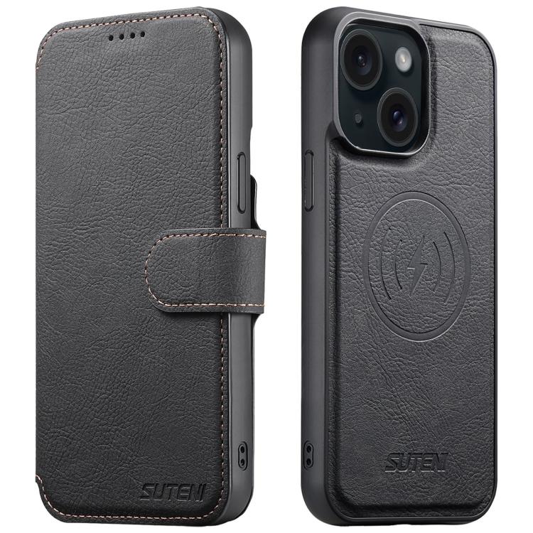 For iPhone 14 Suteni Q05 2-in-1 Multi-function MagSafe Wallet Litchi Leather Phone Case(Black) - iPhone 14 Cases by Suteni | Online Shopping UK | buy2fix