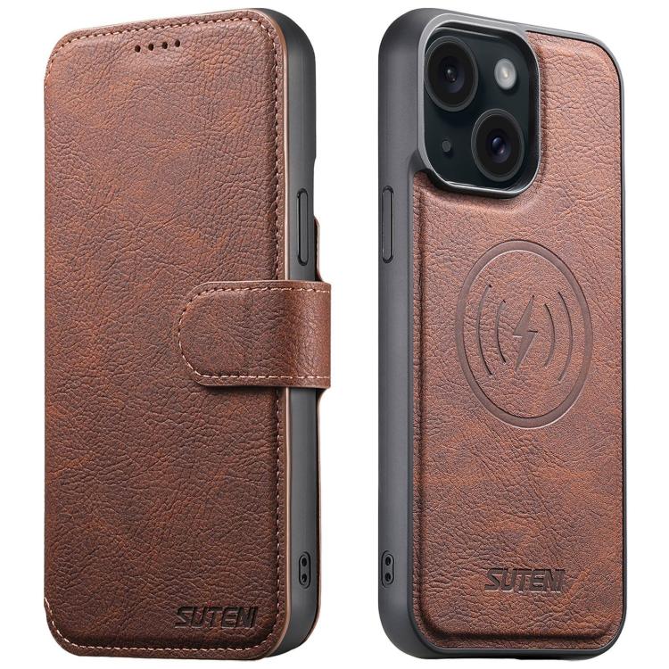 For iPhone 14 Suteni Q05 2-in-1 Multi-function MagSafe Wallet Litchi Leather Phone Case(Brown) - iPhone 14 Cases by Suteni | Online Shopping UK | buy2fix