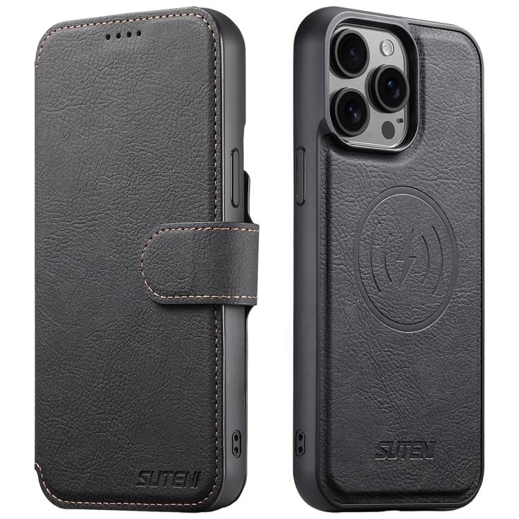 For iPhone 13 Pro Max Suteni Q05 2-in-1 Multi-function MagSafe Wallet Litchi Leather Phone Case(Black) - iPhone 13 Pro Max Cases by Suteni | Online Shopping UK | buy2fix