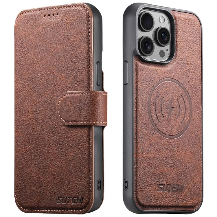For iPhone 13 Pro Max Suteni Q05 2-in-1 Multi-function MagSafe Wallet Litchi Leather Phone Case(Brown) - iPhone 13 Pro Max Cases by Suteni | Online Shopping UK | buy2fix