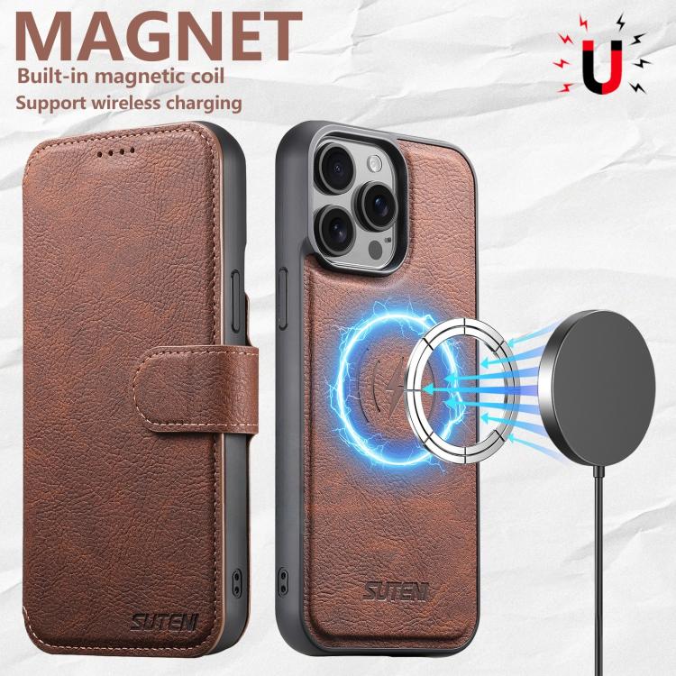 For iPhone 13 Suteni Q05 2-in-1 Multi-function MagSafe Wallet Litchi Leather Phone Case(Brown) - iPhone 13 Cases by Suteni | Online Shopping UK | buy2fix