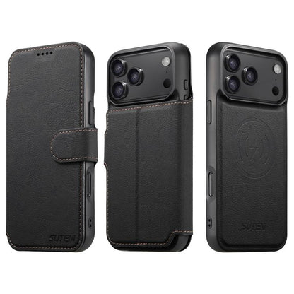 For iPhone 17 Pro Max Suteni Q05 2-in-1 Multi-function MagSafe Wallet Litchi Leather Phone Case(Black) - iPhone 17 Pro Max Cases by Suteni | Online Shopping UK | buy2fix