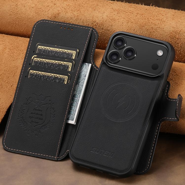 For iPhone 17 Pro Max Suteni Q05 2-in-1 Multi-function MagSafe Wallet Litchi Leather Phone Case(Black) - iPhone 17 Pro Max Cases by Suteni | Online Shopping UK | buy2fix