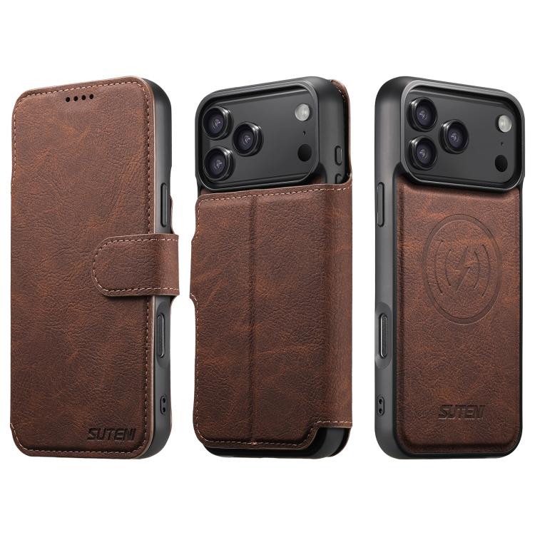 For iPhone 17 Pro Max Suteni Q05 2-in-1 Multi-function MagSafe Wallet Litchi Leather Phone Case(Brown) - iPhone 17 Pro Max Cases by Suteni | Online Shopping UK | buy2fix