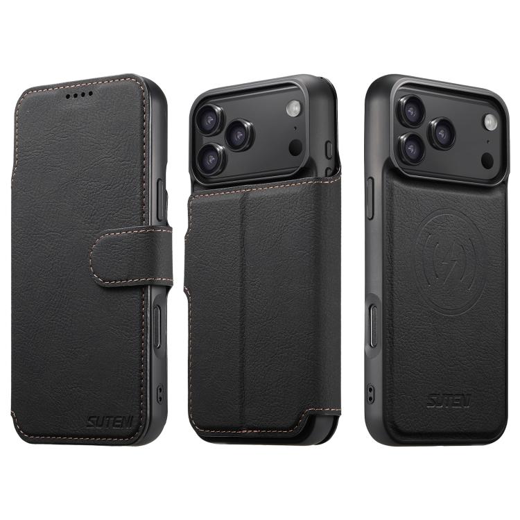 For iPhone 17 Pro Suteni Q05 2-in-1 Multi-function MagSafe Wallet Litchi Leather Phone Case(Black) - iPhone 16 Pro Max Cases by Suteni | Online Shopping UK | buy2fix