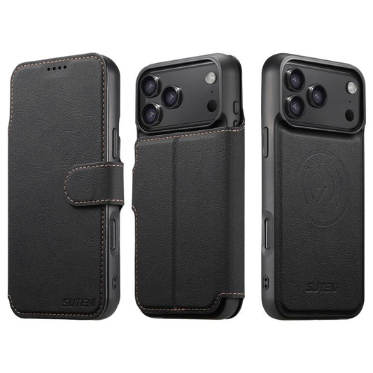 For iPhone 17 Pro Suteni Q05 2-in-1 Multi-function MagSafe Wallet Litchi Leather Phone Case(Black) - iPhone 16 Pro Max Cases by Suteni | Online Shopping UK | buy2fix