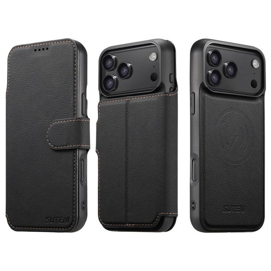 For iPhone 17 Pro Suteni Q05 2-in-1 Multi-function MagSafe Wallet Litchi Leather Phone Case(Black)
