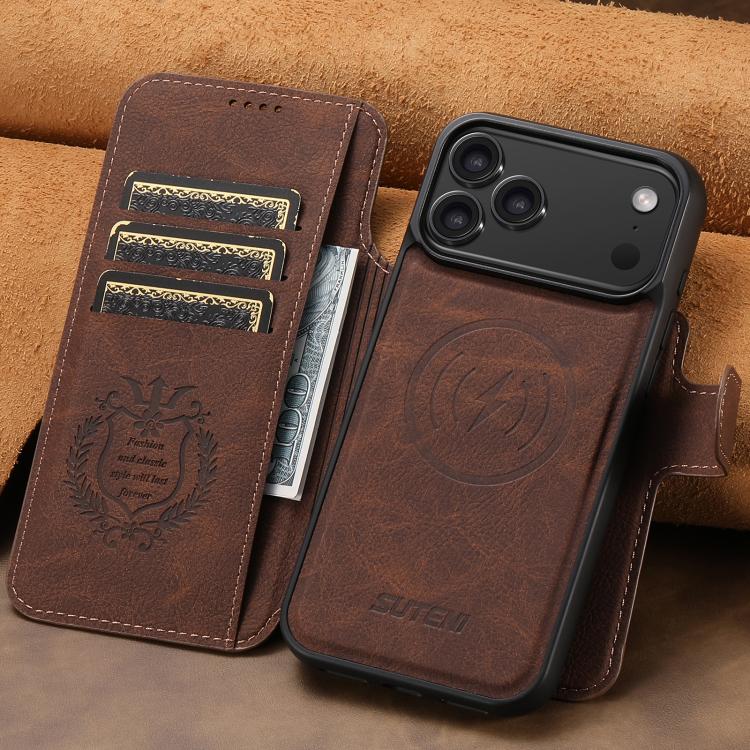 For iPhone 17 Pro Suteni Q05 2-in-1 Multi-function MagSafe Wallet Litchi Leather Phone Case(Brown) - iPhone 16 Pro Max Cases by Suteni | Online Shopping UK | buy2fix