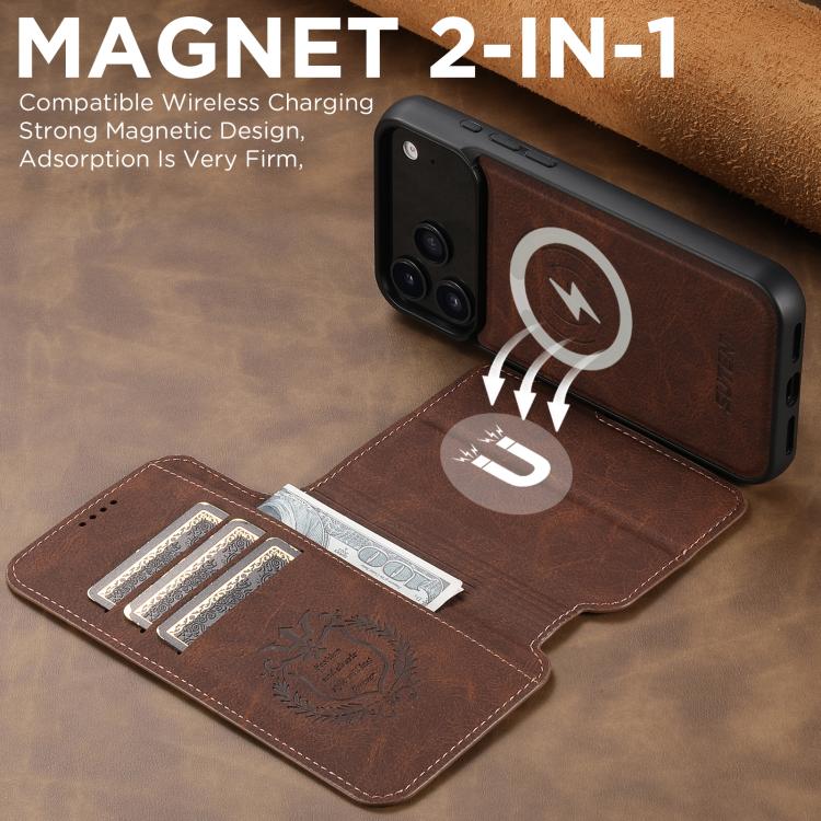 For iPhone 17 Pro Suteni Q05 2-in-1 Multi-function MagSafe Wallet Litchi Leather Phone Case(Brown) - iPhone 16 Pro Max Cases by Suteni | Online Shopping UK | buy2fix