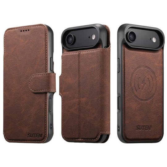For iPhone 17 Air Suteni Q05 2-in-1 Multi-function MagSafe Wallet Litchi Leather Phone Case(Brown)