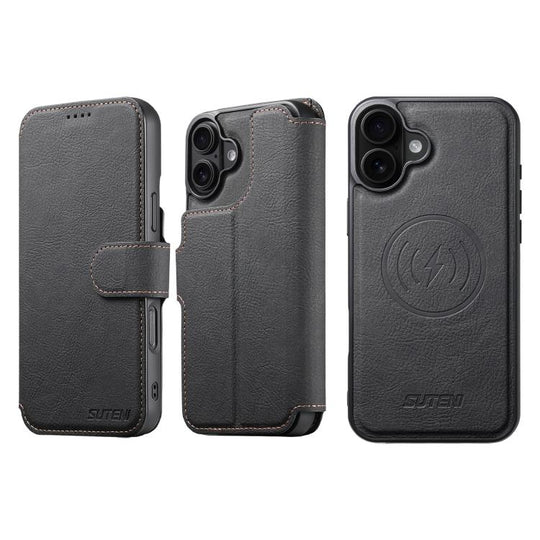 For iPhone 17 Suteni Q05 2-in-1 Multi-function MagSafe Wallet Litchi Leather Phone Case(Black)