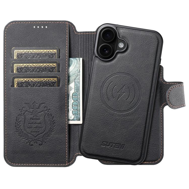 For iPhone 17 Suteni Q05 2-in-1 Multi-function MagSafe Wallet Litchi Leather Phone Case(Black) - iPhone 17 Cases by Suteni | Online Shopping UK | buy2fix