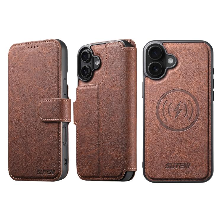 For iPhone 17 Suteni Q05 2-in-1 Multi-function MagSafe Wallet Litchi Leather Phone Case(Brown) - iPhone 17 Cases by Suteni | Online Shopping UK | buy2fix