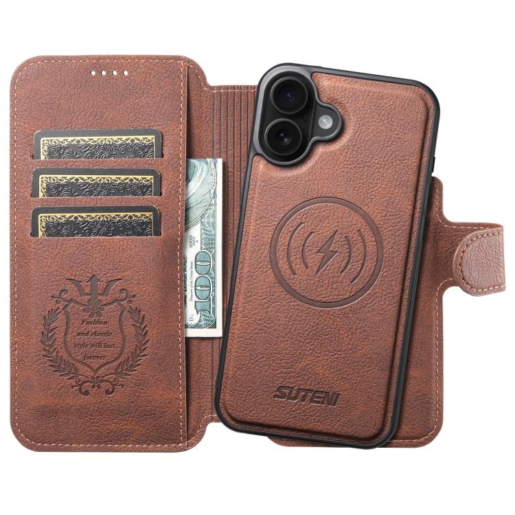 For iPhone 17 Suteni Q05 2-in-1 Multi-function MagSafe Wallet Litchi Leather Phone Case(Brown) - iPhone 17 Cases by Suteni | Online Shopping UK | buy2fix