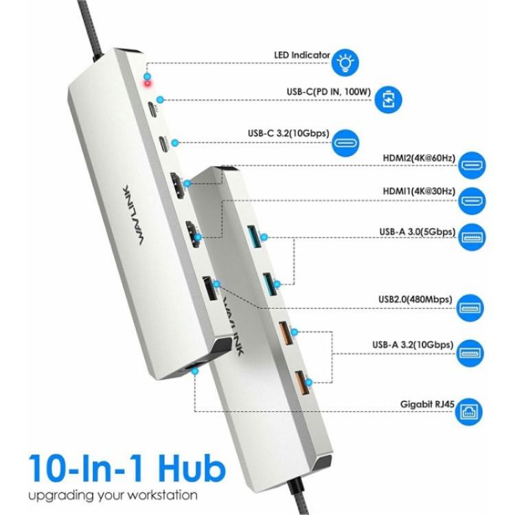 WAVLINK UMD309 Dual HD PD100W 10Gbps USB-A USB-C Docking Station 10 in 1 HUB - USB HUB by WAVLINK | Online Shopping UK | buy2fix