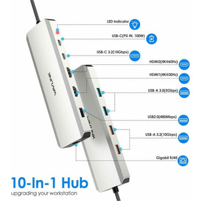 WAVLINK UMD309 Dual HD PD100W 10Gbps USB-A USB-C Docking Station 10 in 1 HUB - USB HUB by WAVLINK | Online Shopping UK | buy2fix