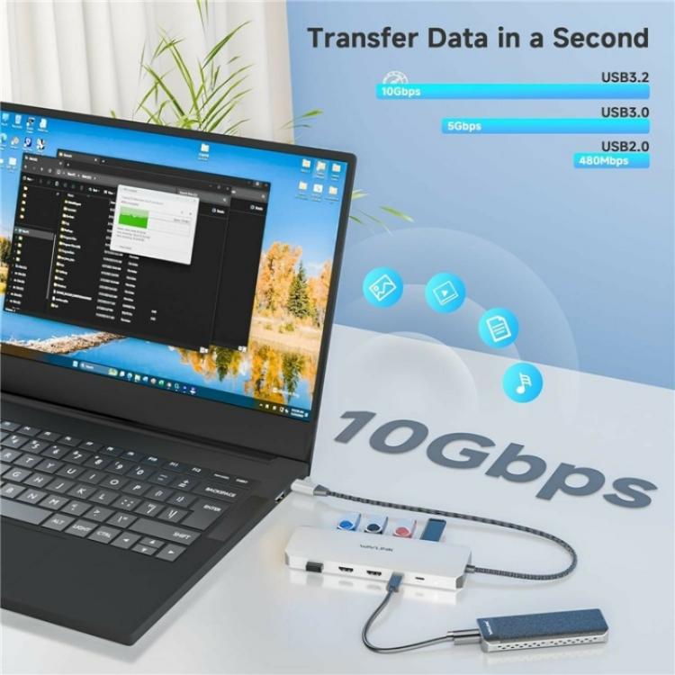 WAVLINK UMD309 Dual HD PD100W 10Gbps USB-A USB-C Docking Station 10 in 1 HUB - USB HUB by WAVLINK | Online Shopping UK | buy2fix