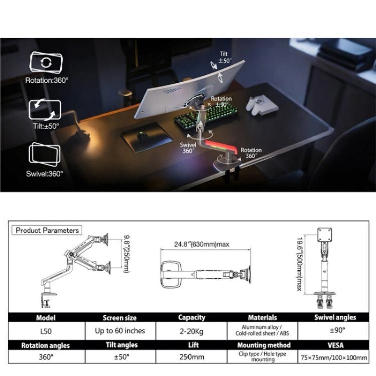 NORTH BAYOU L50 32-60 Inch Gaming Screen RGB Light Curved Ultrawide Flat Monitor Stand - TV Brackets & Mounts by buy2fix | Online Shopping UK | buy2fix