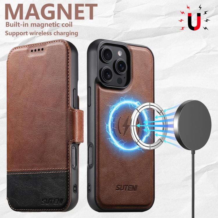 For iPhone 16 Pro Suteni Q06 2-in-1 Multi-function Detachable Wallet MagSafe Phone Case(Brown) - iPhone 16 Pro Cases by Suteni | Online Shopping UK | buy2fix