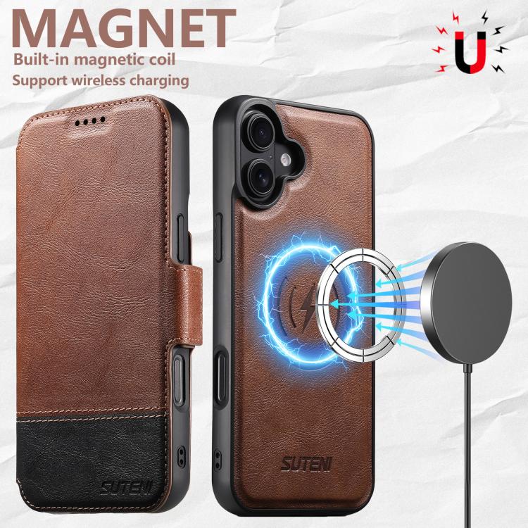 For iPhone 16 Plus Suteni Q06 2-in-1 Multi-function Detachable Wallet MagSafe Phone Case(Brown) - iPhone 16 Plus Cases by Suteni | Online Shopping UK | buy2fix