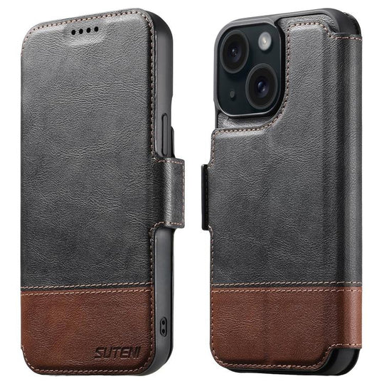 For iPhone 15 Suteni Q06 2-in-1 Multi-function Detachable Wallet MagSafe Phone Case(Black)
