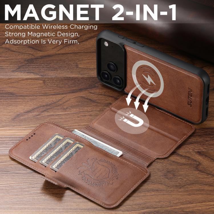 For iPhone 17 Pro Suteni Q06 2-in-1 Multi-function Detachable Wallet MagSafe Phone Case(Brown) - iPhone 17 Pro Cases by Suteni | Online Shopping UK | buy2fix