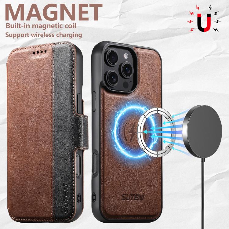 For iPhone 16 Pro Suteni Q07 2-in-1 Multi-function Detachable Wallet MagSafe Phone Case(Brown) - iPhone 16 Pro Cases by Suteni | Online Shopping UK | buy2fix
