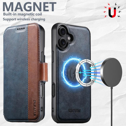 For iPhone 16 Suteni Q07 2-in-1 Multi-function Detachable Wallet MagSafe Phone Case(Blue) - iPhone 16 Cases by Suteni | Online Shopping UK | buy2fix