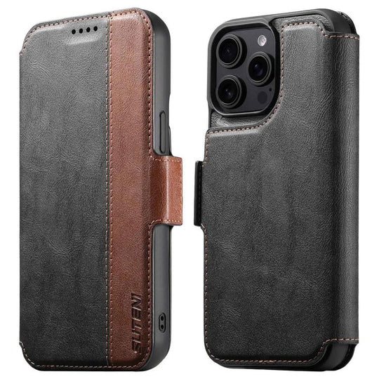 For iPhone 15 Pro Suteni Q07 2-in-1 Multi-function Detachable Wallet MagSafe Phone Case(Black)