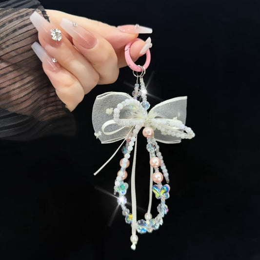 Pearl Bow Laser Butterfly Mobile Phone Chain(Pink) - Lanyards & Wrist Straps by buy2fix | Online Shopping UK | buy2fix