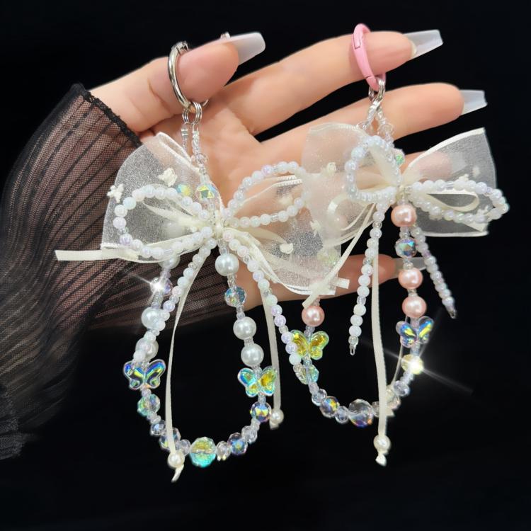 Pearl Bow Laser Butterfly Mobile Phone Chain(Pink) - Lanyards & Wrist Straps by buy2fix | Online Shopping UK | buy2fix