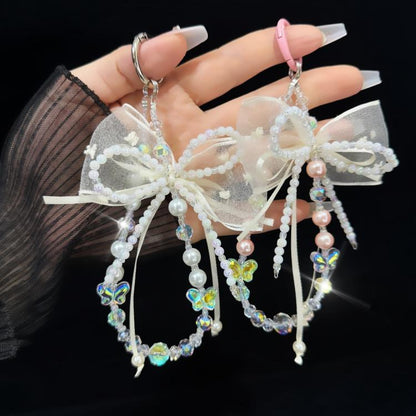 Pearl Bow Laser Butterfly Mobile Phone Chain(White) - Lanyards & Wrist Straps by buy2fix | Online Shopping UK | buy2fix