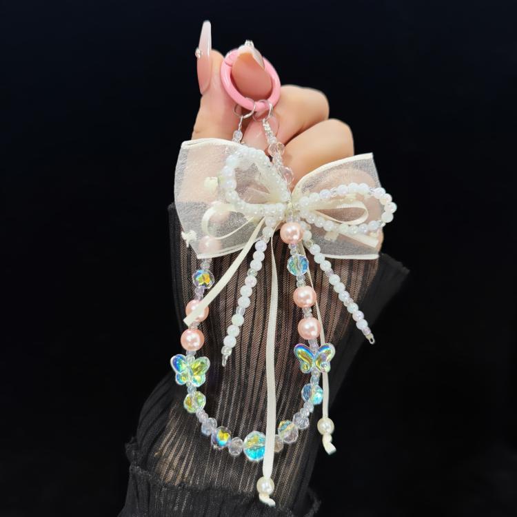Pearl Bow Laser Butterfly Mobile Phone Chain(Pink) - Lanyards & Wrist Straps by buy2fix | Online Shopping UK | buy2fix