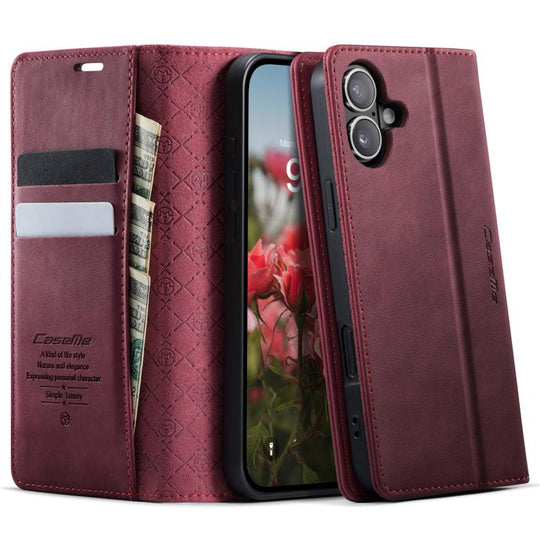 For iPhone 16 CaseMe 033 Calf Leather Lining Microfibre RFID Blocking Phone Case(Red)