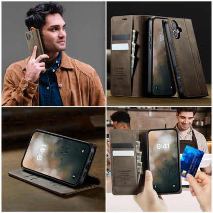For iPhone 16 Plus CaseMe 033 Calf Leather Lining Microfibre RFID Blocking Phone Case(Coffee) - iPhone 16 Plus Cases by CaseMe | Online Shopping UK | buy2fix