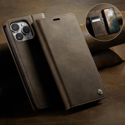 For iPhone 16 Pro CaseMe 033 Calf Leather Lining Microfibre RFID Blocking Phone Case(Coffee) - iPhone 16 Pro Cases by CaseMe | Online Shopping UK | buy2fix