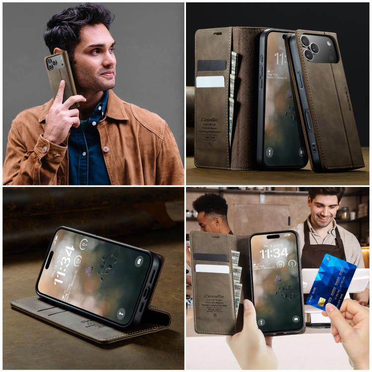 For iPhone 17 Pro Max CaseMe 033 Calf Leather Lining Microfibre RFID Blocking Phone Case(Coffee) - iPhone 17 Pro Max Cases by CaseMe | Online Shopping UK | buy2fix