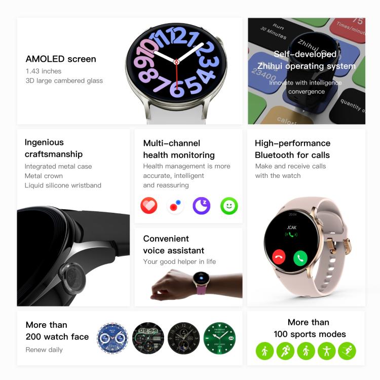 Sense 6 1.43 AMOLED Screen IP68 Waterproof Bluetooth Call Smartwatch Supports Health Monitoring(Black) - Smart Watches by buy2fix | Online Shopping UK | buy2fix