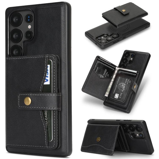 For Samsung Galaxy S24 Ultra 5G Kalebol Magnetic Button Card Bag MagSafe Ring Leather Phone Case(Black)