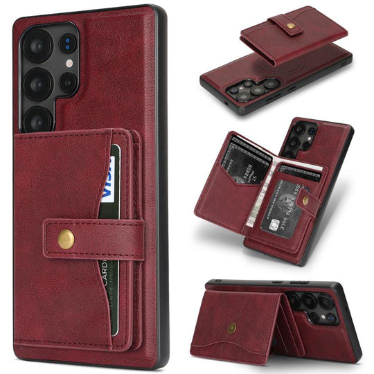 For Samsung Galaxy S24 Ultra 5G Kalebol Magnetic Button Card Bag MagSafe Ring Leather Phone Case(Red)
