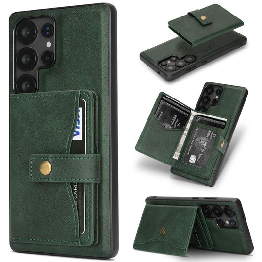 For Samsung Galaxy S24 Ultra 5G Kalebol Magnetic Button Card Bag MagSafe Ring Leather Phone Case(Green)