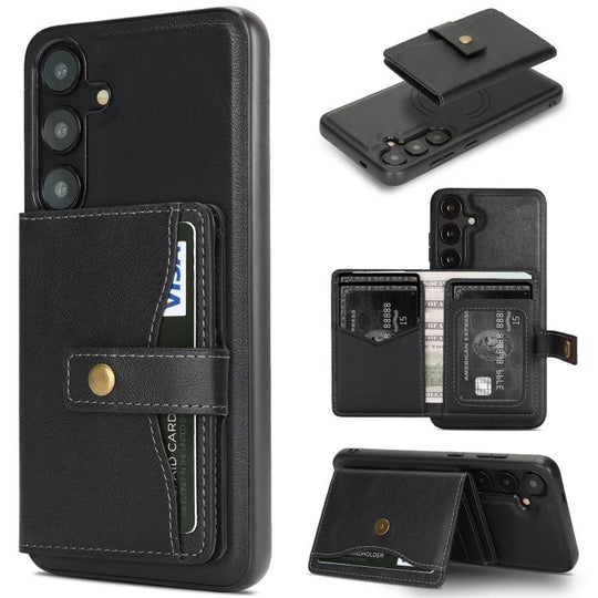 For Samsung Galaxy S24 5G Kalebol Magnetic Button Card Bag MagSafe Ring Leather Phone Case(Black)